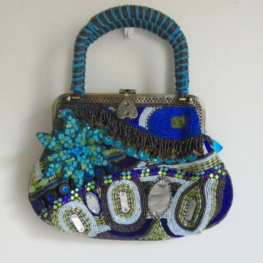 Chico's Beaded Purse in Blue Aqua and Turquoise Satchel Shoulder Crossbody - Picture 1 of 6